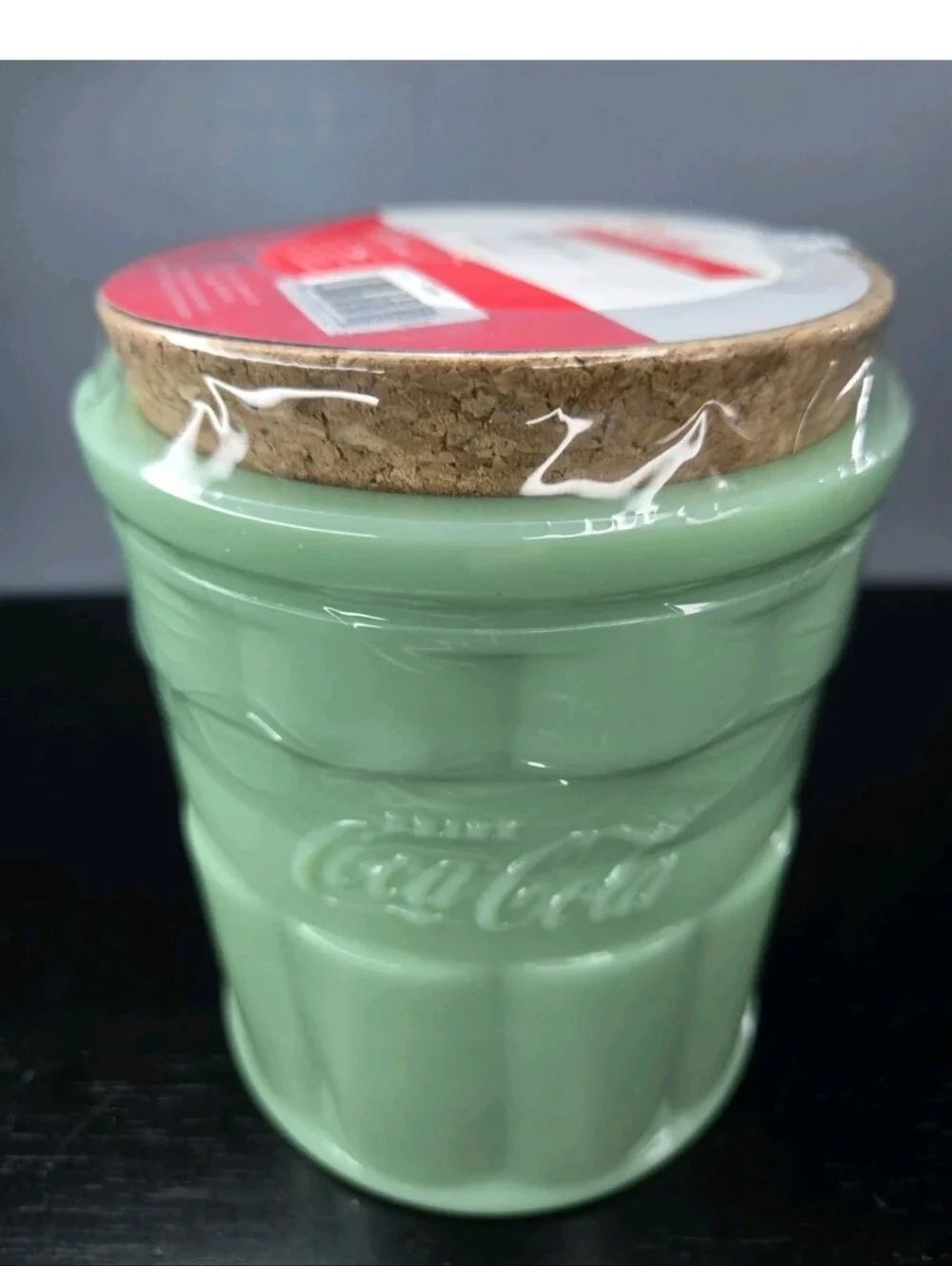 Green Jadeite Coca-Cola Glass Kitchen Canister New/Sealed 24oz w Cork Lid